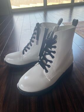 MIA White Patent Lace-Up Combat Boots with Black Laces